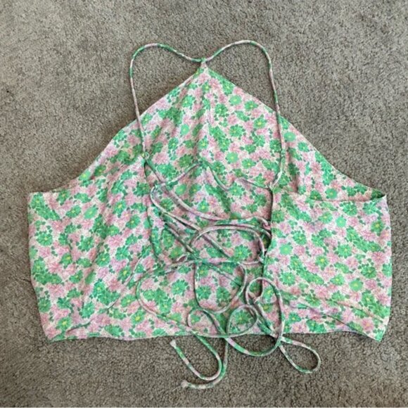 Zara pink green floral flower print halter crop top open back lace up L Summer - Picture 7 of 10
